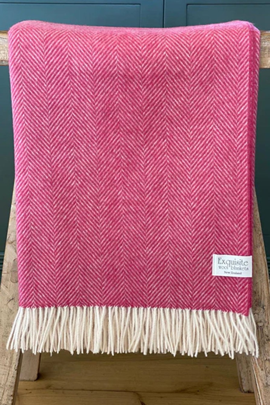 Home & Body WOOL BLANKETS | Herringbone Throw | Candy Pink